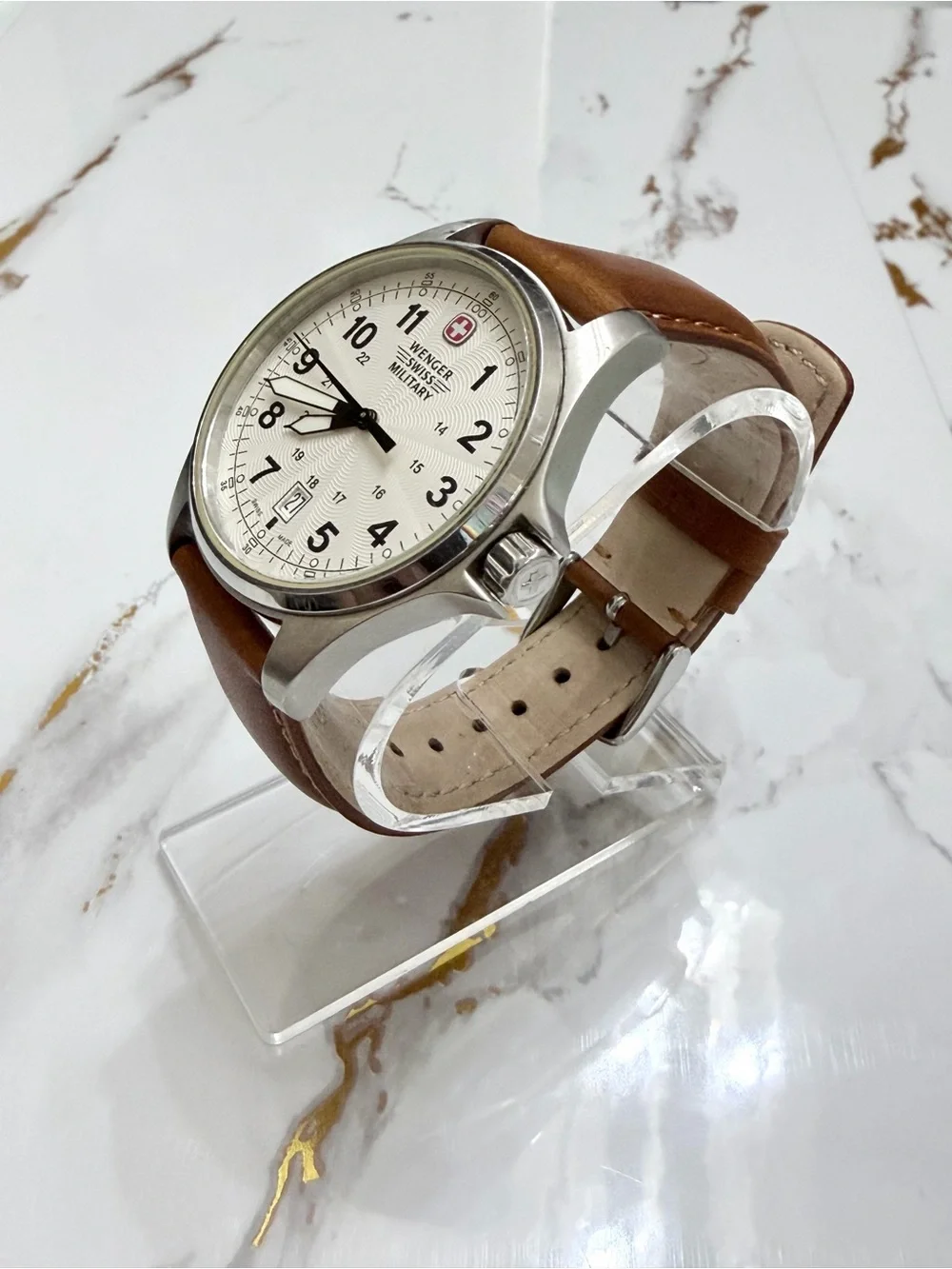 Vintage Wenger Swiss Military Mens Watch 44mm Stainless Steel Brwn Leather Band